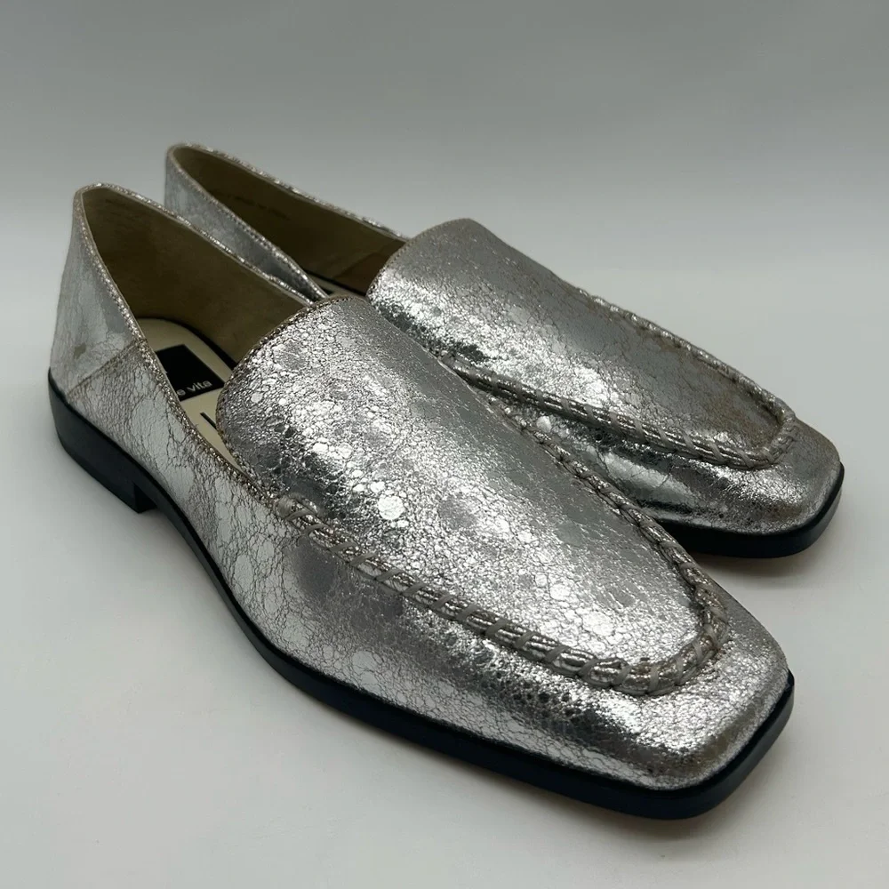 Dolce Vita Beny Silver Distressed Leather Loafers Size 6 NIB